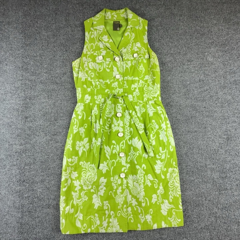 Taylor Shirt Dress Womens 6 Green Floral Sleeveless Belted Button Short Summer
